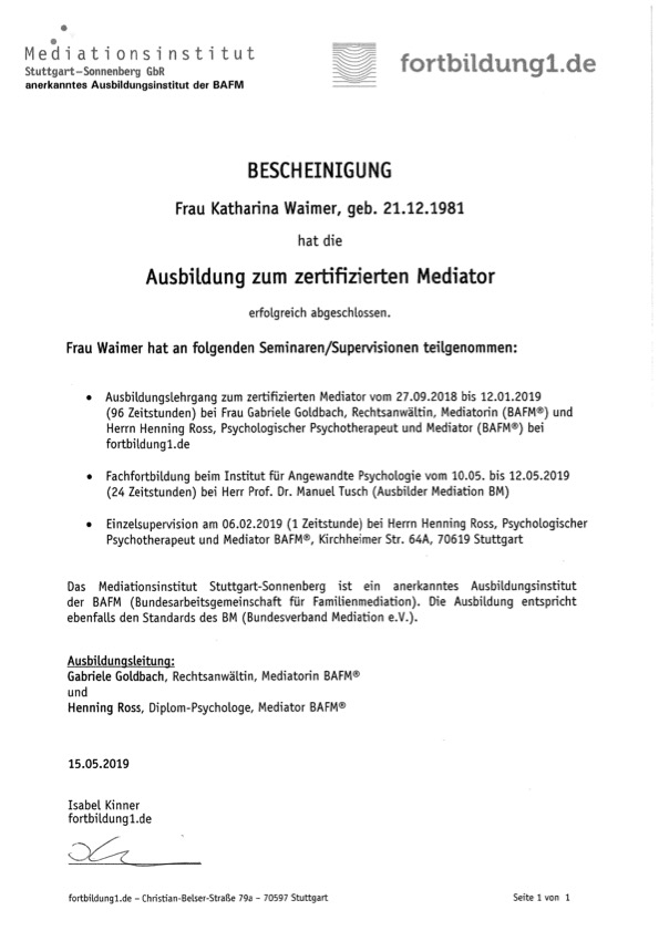 Meditationsinstitut Bescheinigung Zertifizierter Mediator Katharina Hartdegen