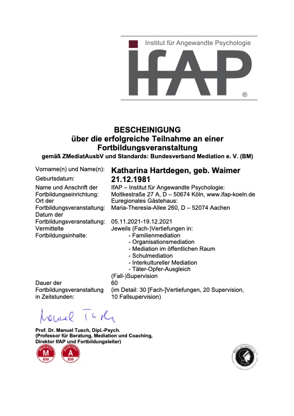 IFAP Bescheinigung Zertifizierter Mediator Katharina Hartdegen