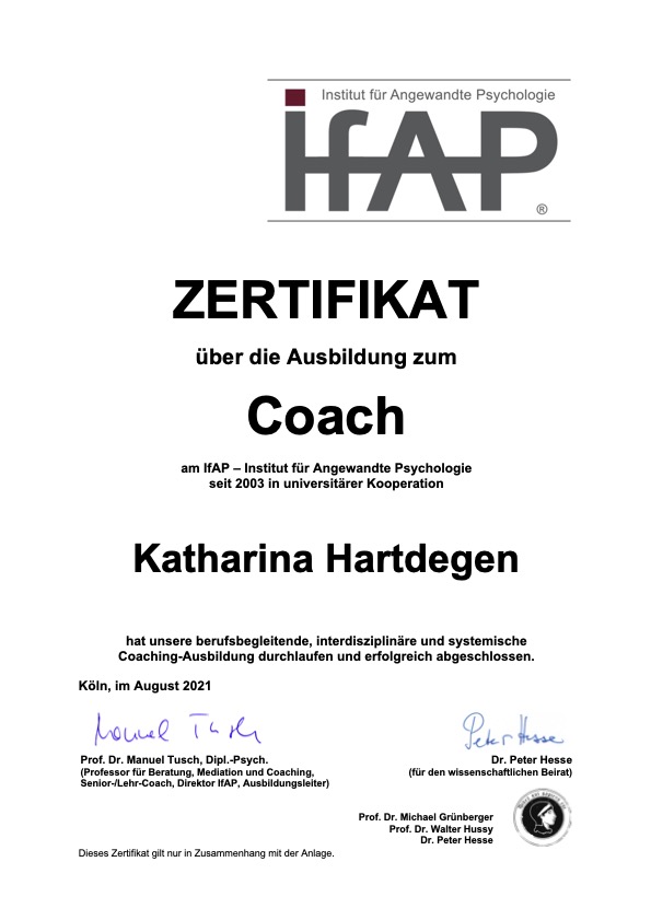 Zertifikat Ausbildung zum Coach von Katharina Hartdegen