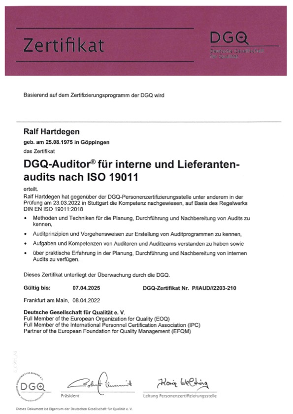 Ralf Hartdegen ist DGQ-Auditor