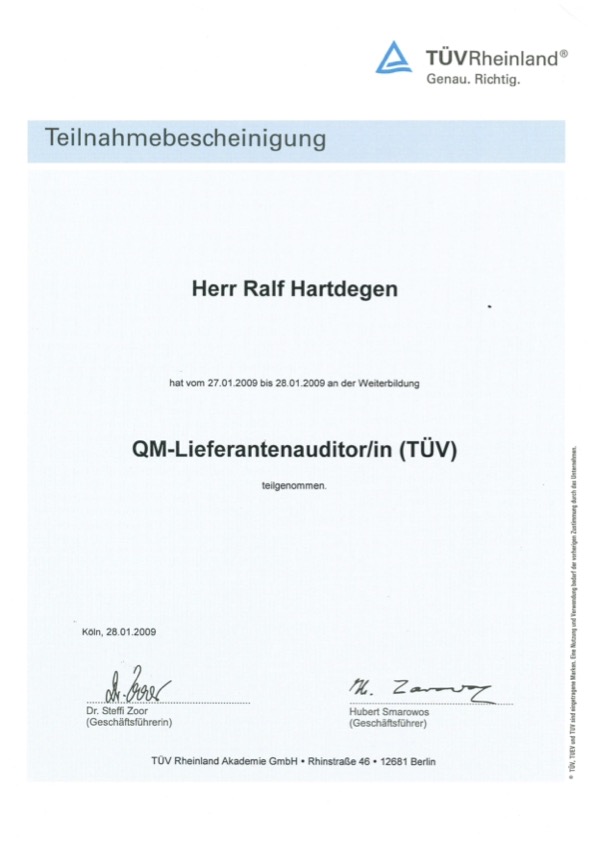 Teilnahmebescheinigung QM Lieferantenauditor TÜV