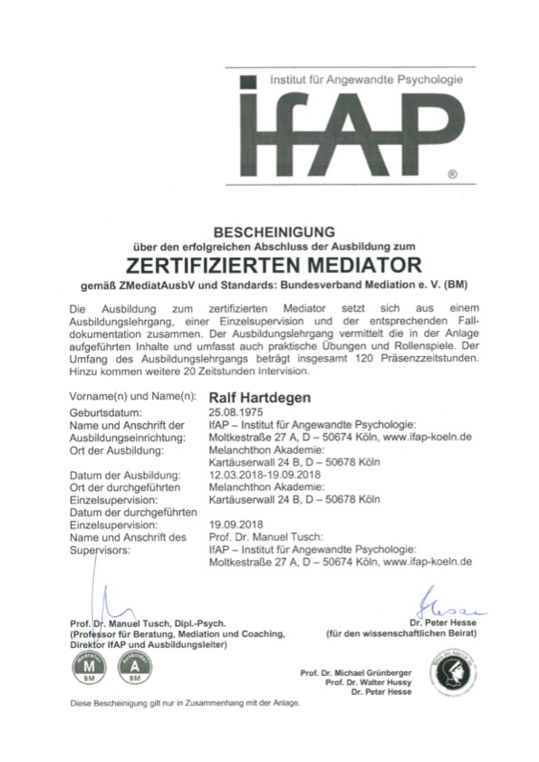 Ralf Hartegen ist zertifizierter Mediator