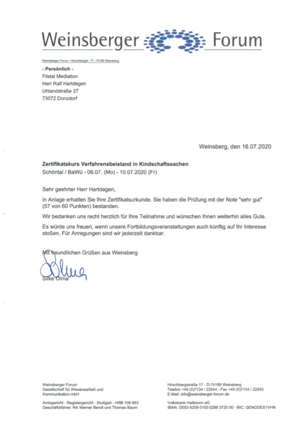 Zertifikat Verfahrensbeistand in Kindheitssachen Ralf Hartdegen