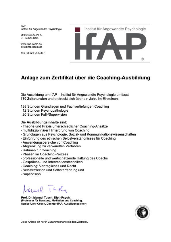 Anlage zum Zertifikat über die Coaching-Ausbildung von Ralf Hartdegen